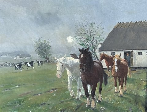 Johannes Meyer Andersen4 Heste foran en gård*1900kr